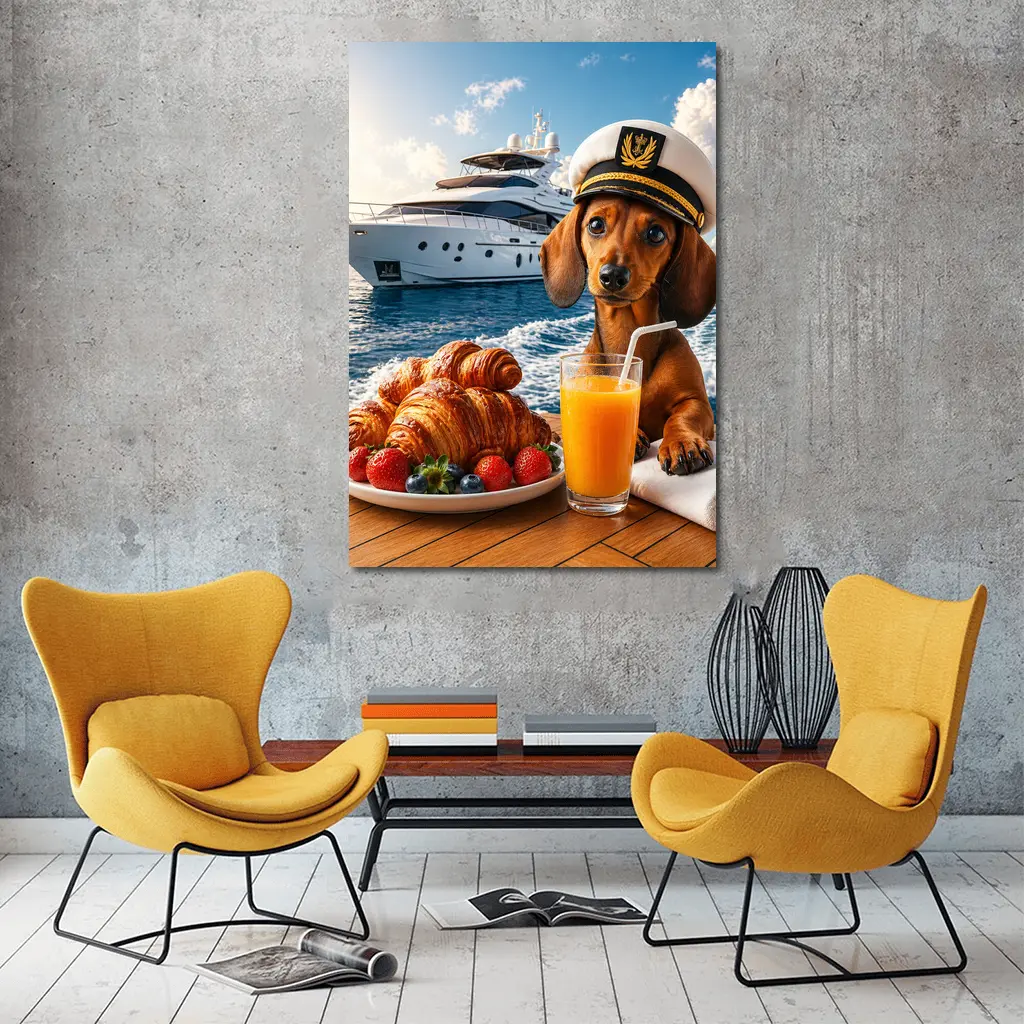 Dachshund Captain on Yacht Morning Breakfast – Wall Art