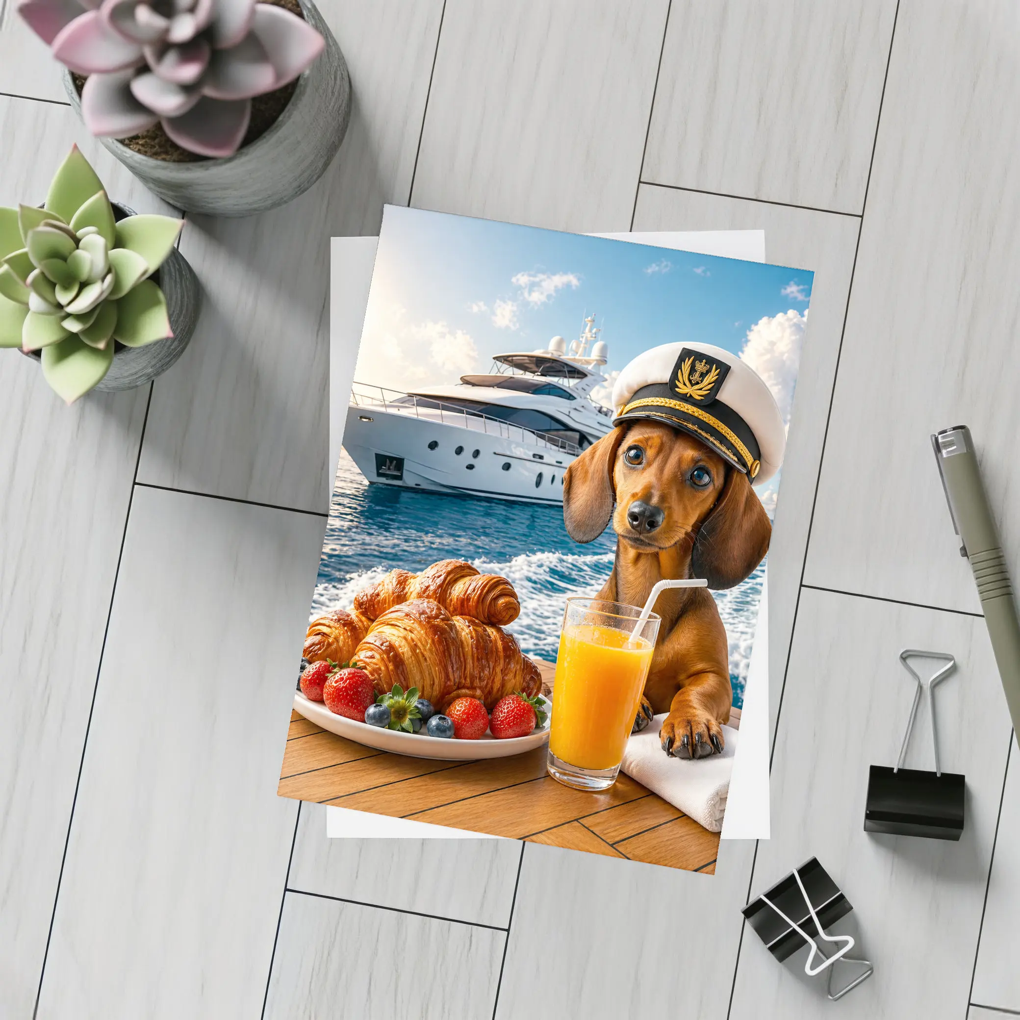 Dachshund Captain on Yacht Morning Breakfast – Postcards
