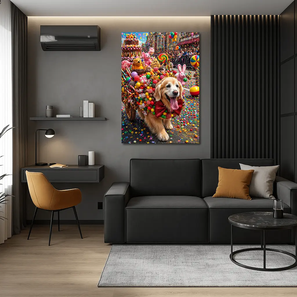 Golden Retriever Covered in Candy Parade Street – Wall Art
