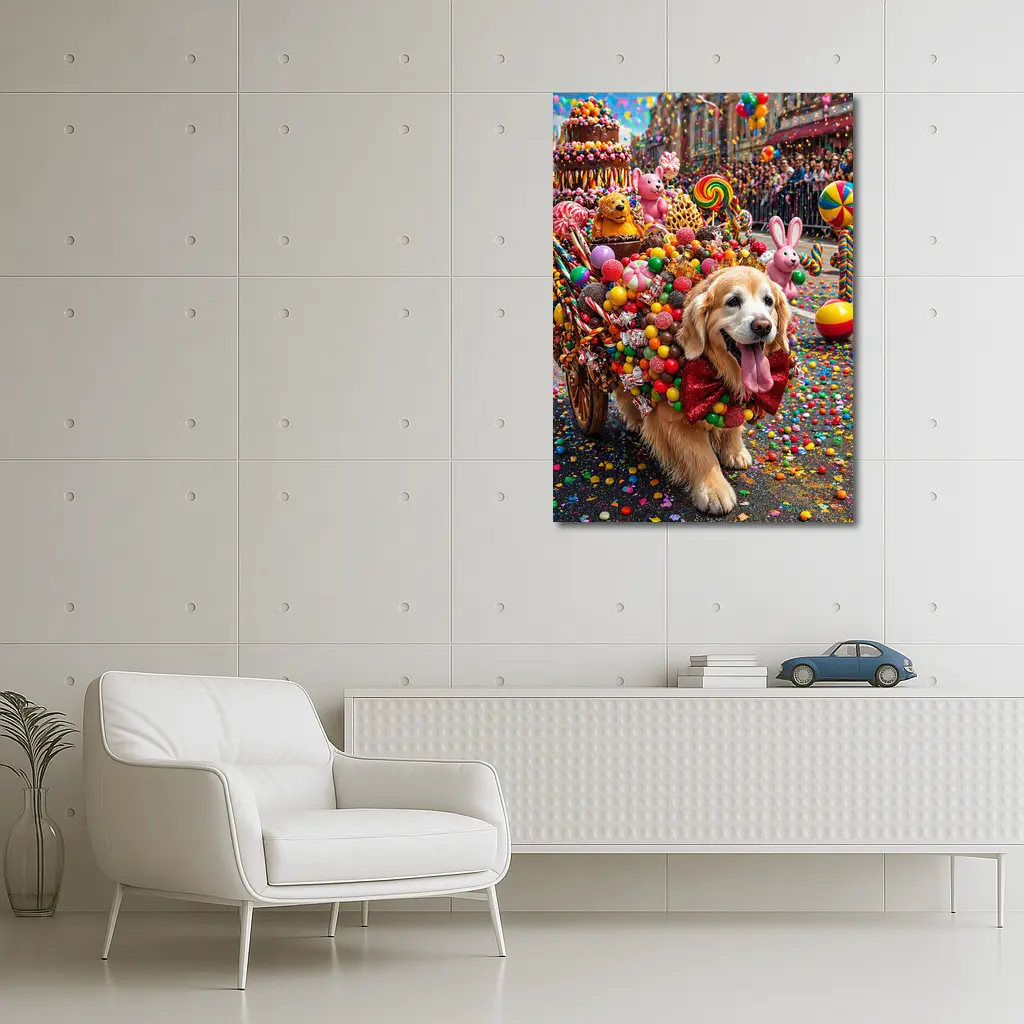 Golden Retriever Covered in Candy Parade Street – Wall Art