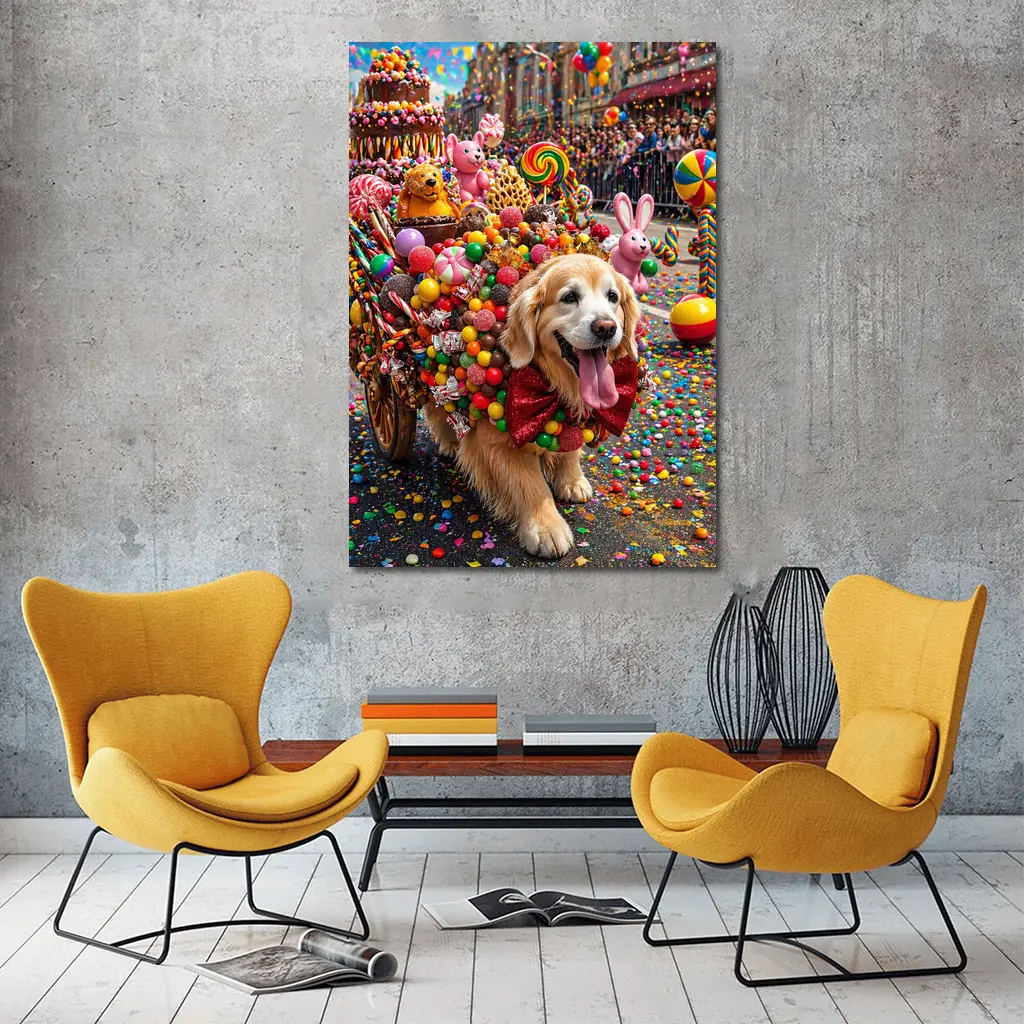 Golden Retriever Covered in Candy Parade Street – Wall Art