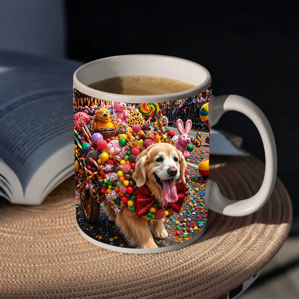 Golden Retriever Covered in Candy Parade Street – Mugs