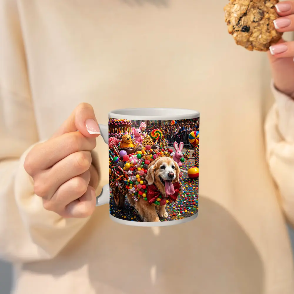 Golden Retriever Covered in Candy Parade Street – Mugs