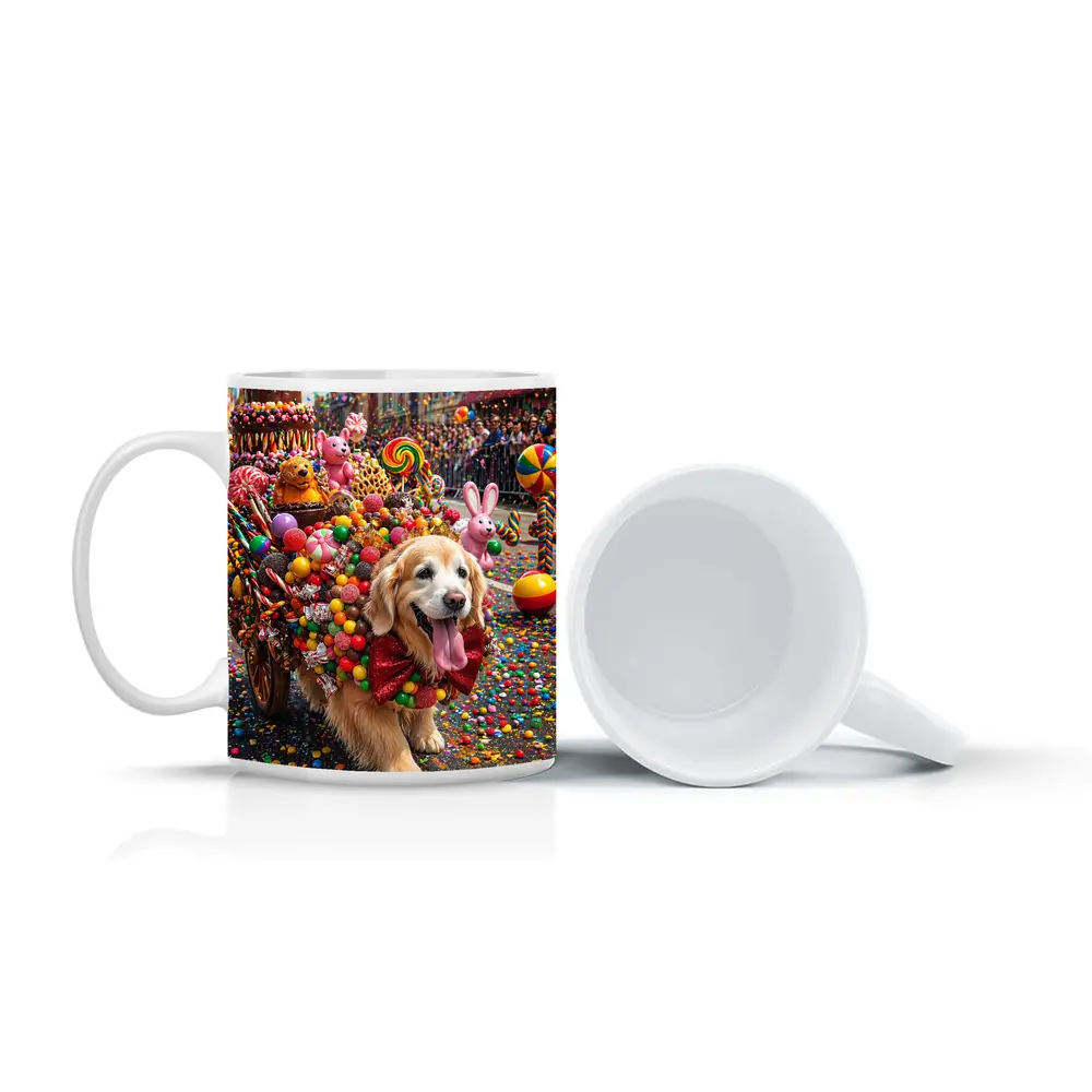 Golden Retriever Covered in Candy Parade Street – Mugs