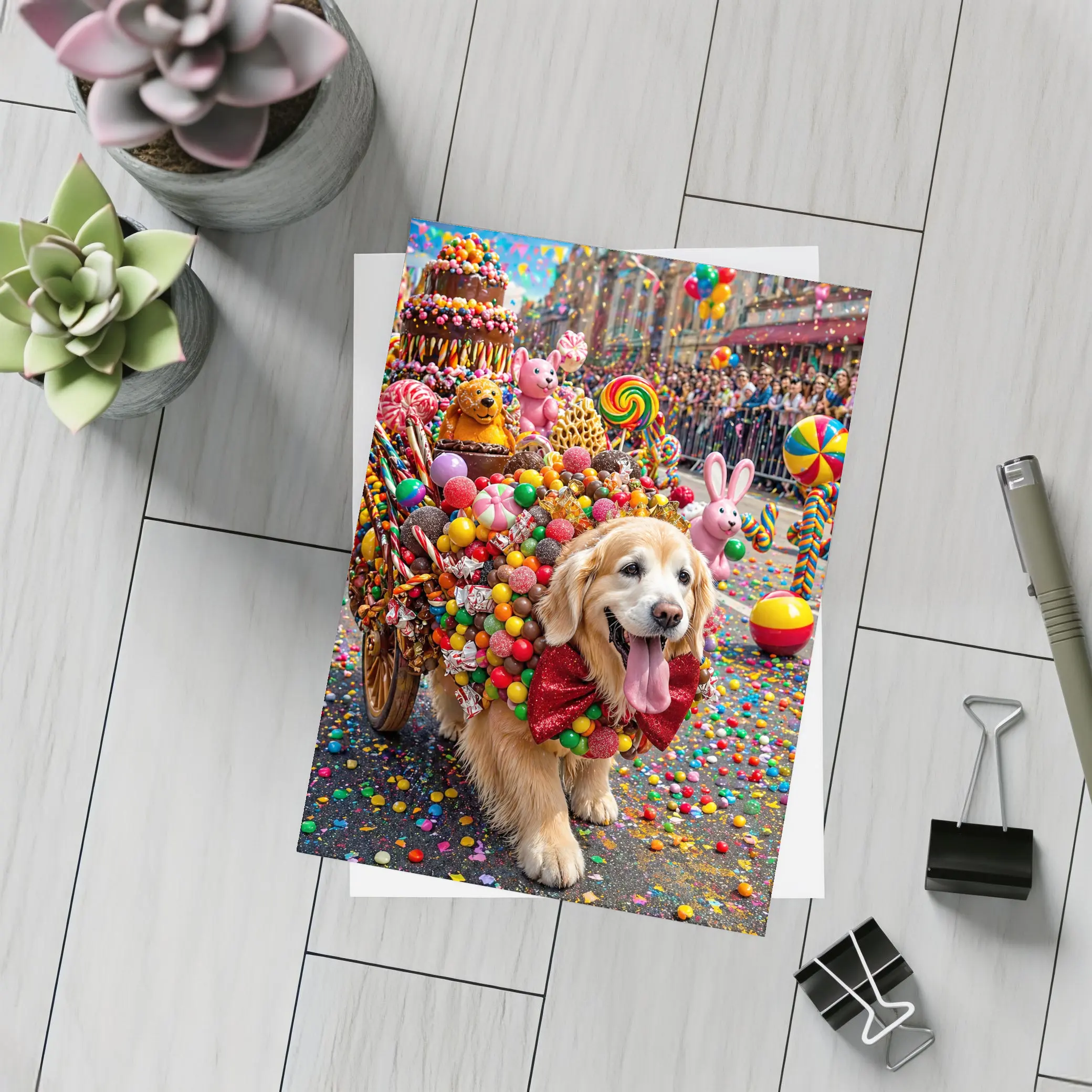 Golden Retriever Covered in Candy Parade Street – Postcards