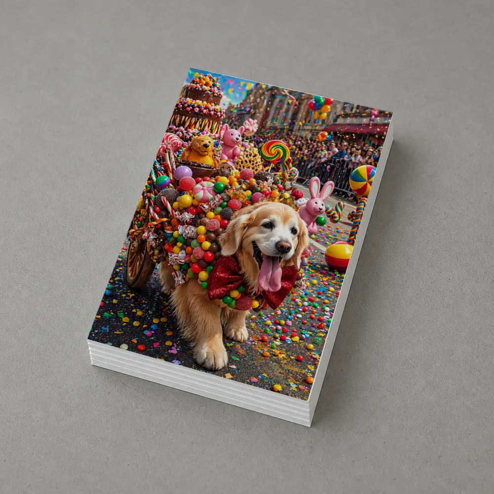 Golden Retriever Covered in Candy Parade Street – Postcards