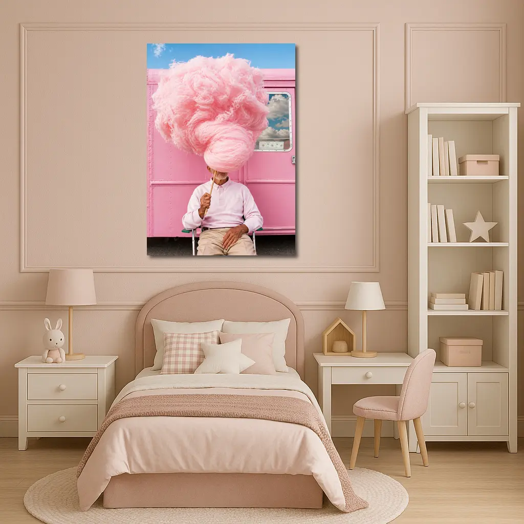 Man Holding Giant Pink Cotton Candy Outdoors – Wall Art