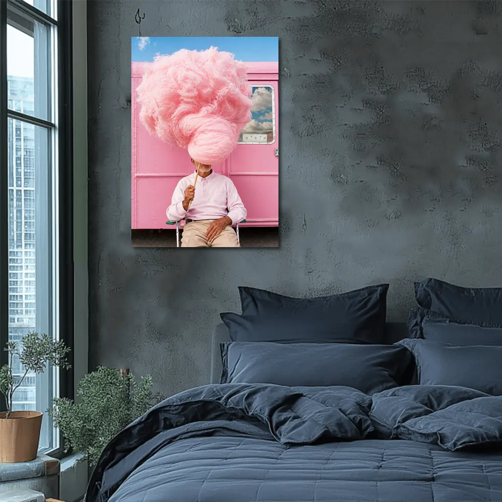 Man Holding Giant Pink Cotton Candy Outdoors – Wall Art