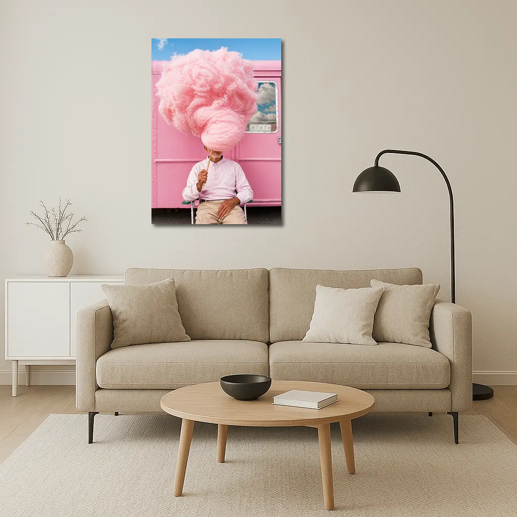 Man Holding Giant Pink Cotton Candy Outdoors – Wall Art