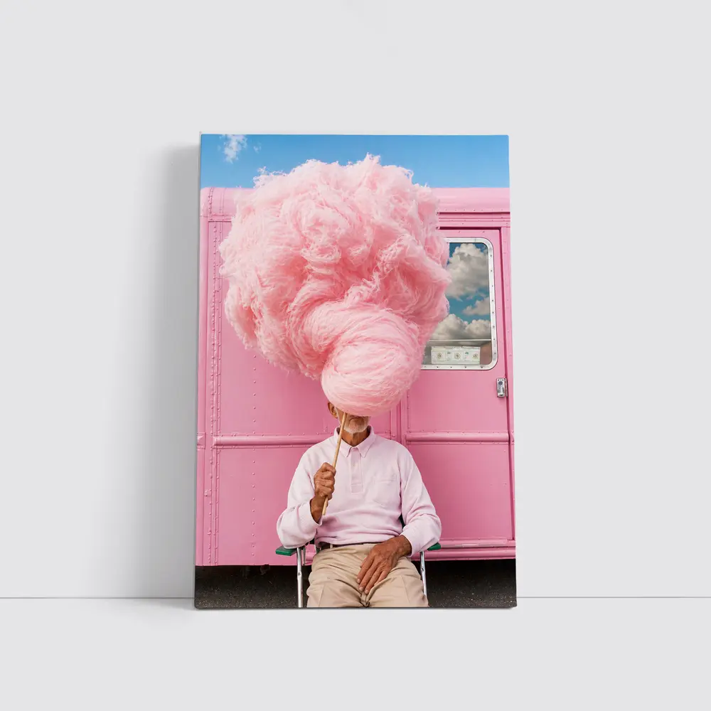 Man Holding Giant Pink Cotton Candy Outdoors – Wall Art