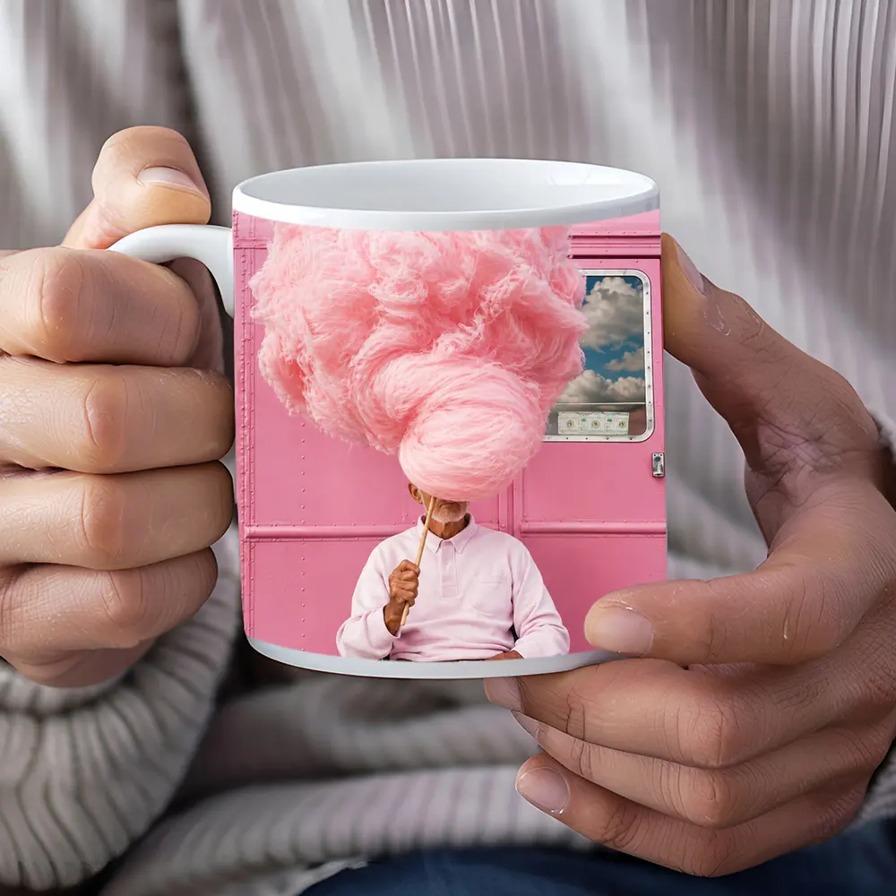 Man Holding Giant Pink Cotton Candy Outdoors – Mugs