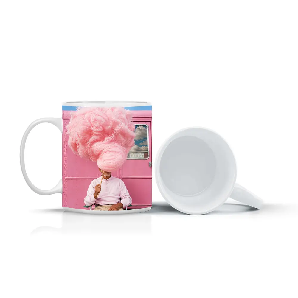 Man Holding Giant Pink Cotton Candy Outdoors – Mugs