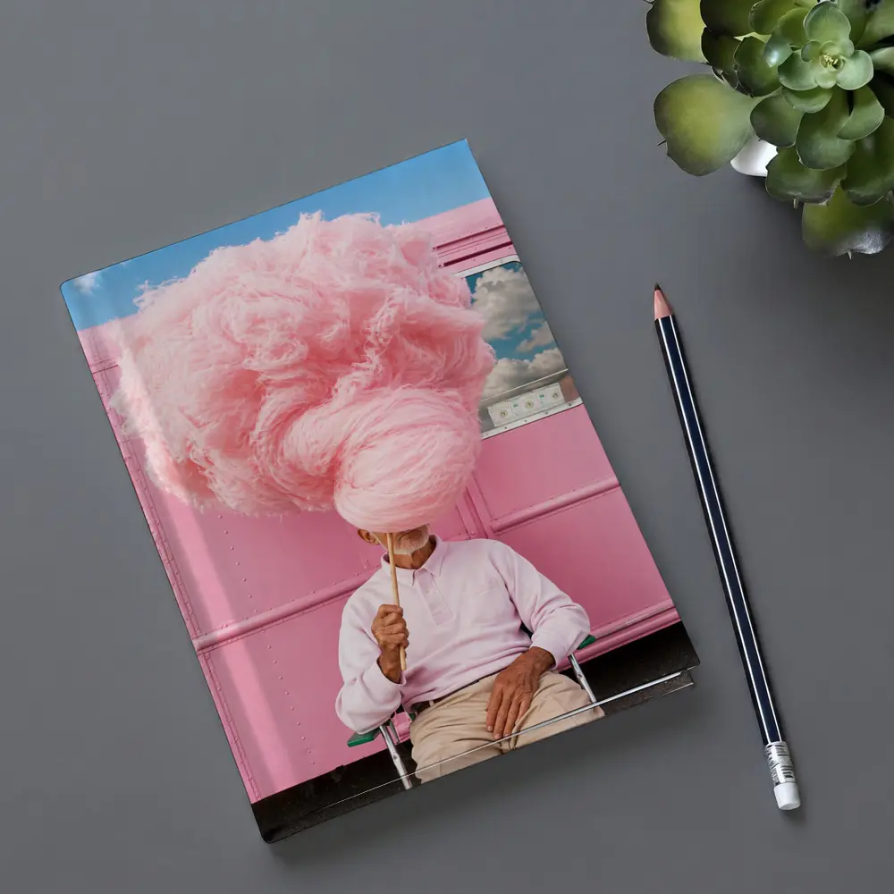 Man Holding Giant Pink Cotton Candy Outdoors – Notebooks