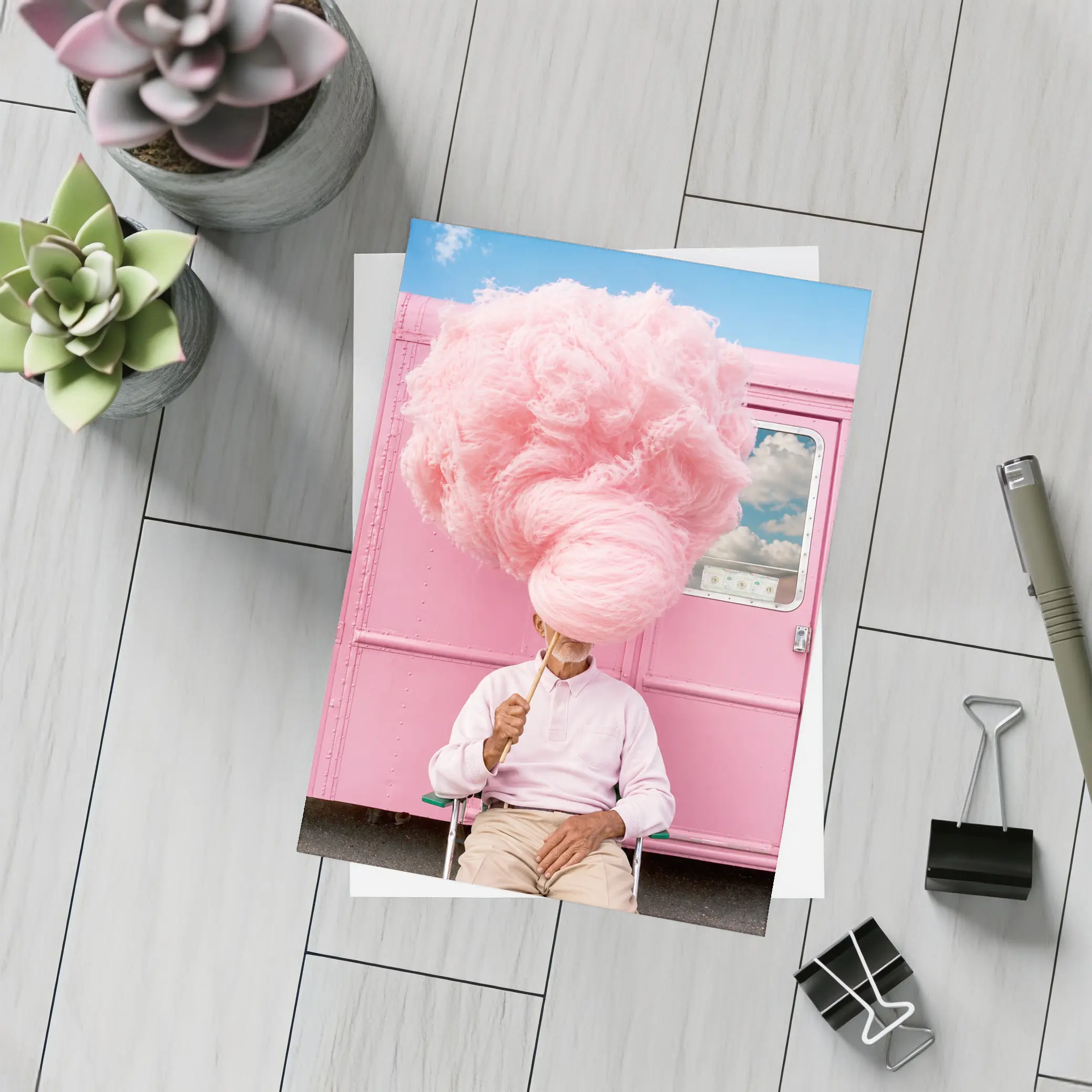 Man Holding Giant Pink Cotton Candy Outdoors – Postcards