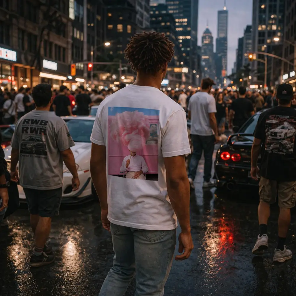 Man Holding Giant Pink Cotton Candy Outdoors – T-Shirts