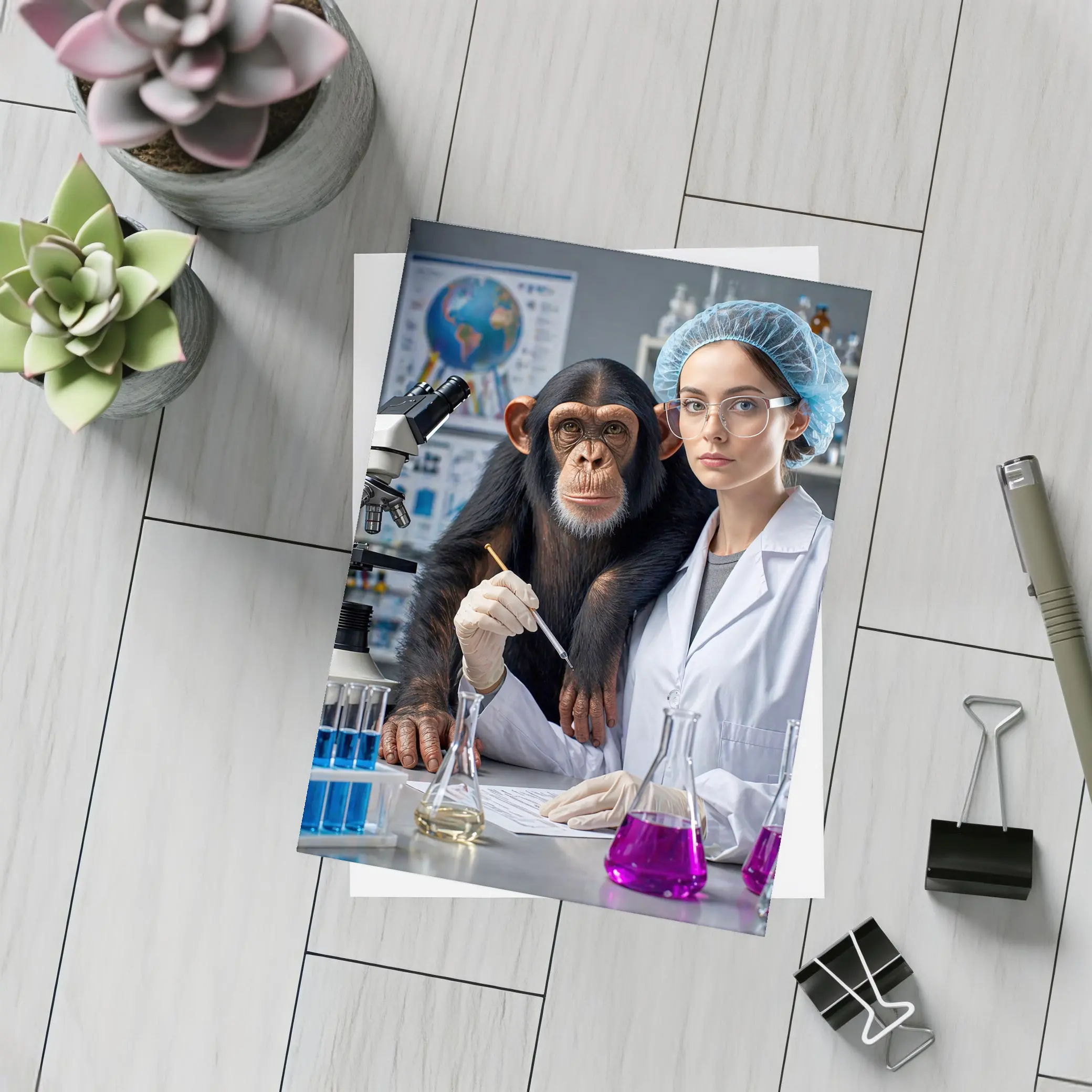 Chimpanzee Scientist Woman Lab Research – Postcards