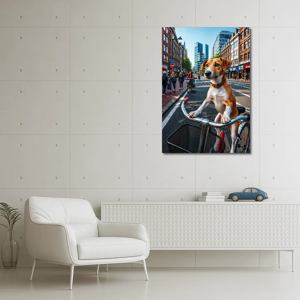 Jack Russell Terrier Riding Bicycle City Street – Wall Art