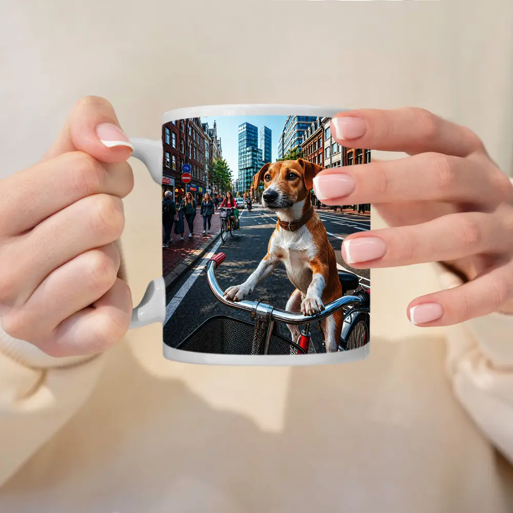Jack Russell Terrier Riding Bicycle City Street – Mugs