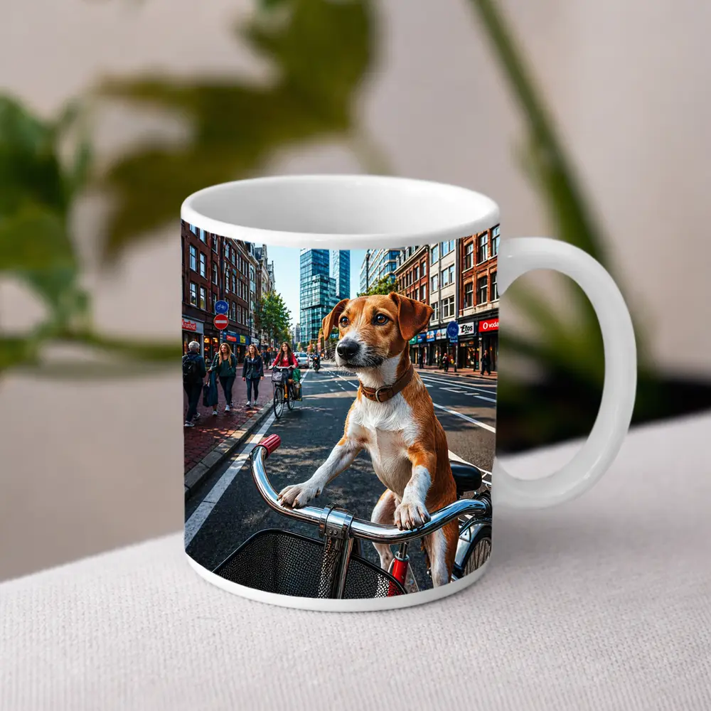 Jack Russell Terrier Riding Bicycle City Street – Mugs