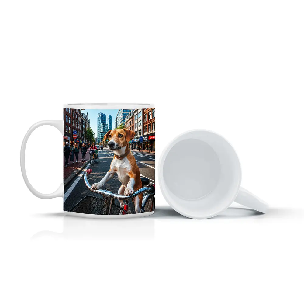 Jack Russell Terrier Riding Bicycle City Street – Mugs