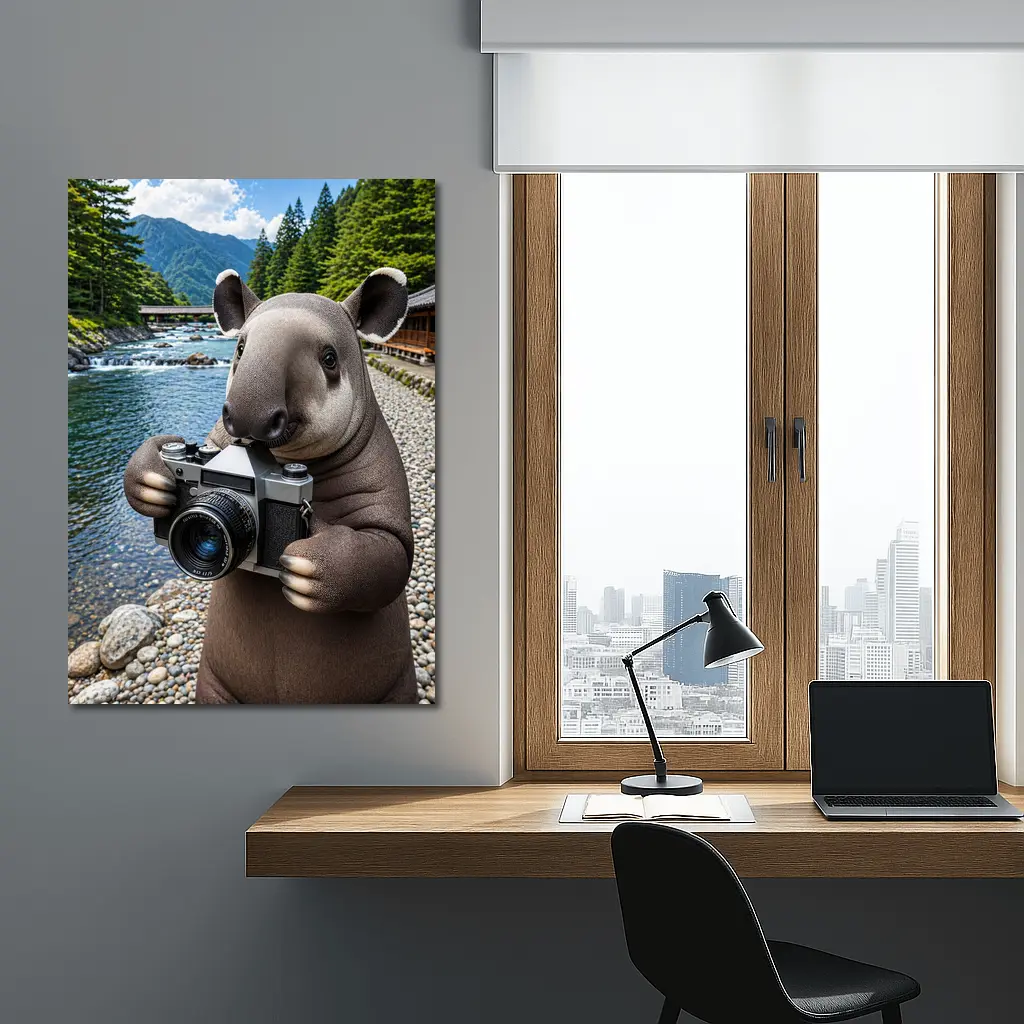 Tapir Photographer by Japanese Mountain River – Wall Art