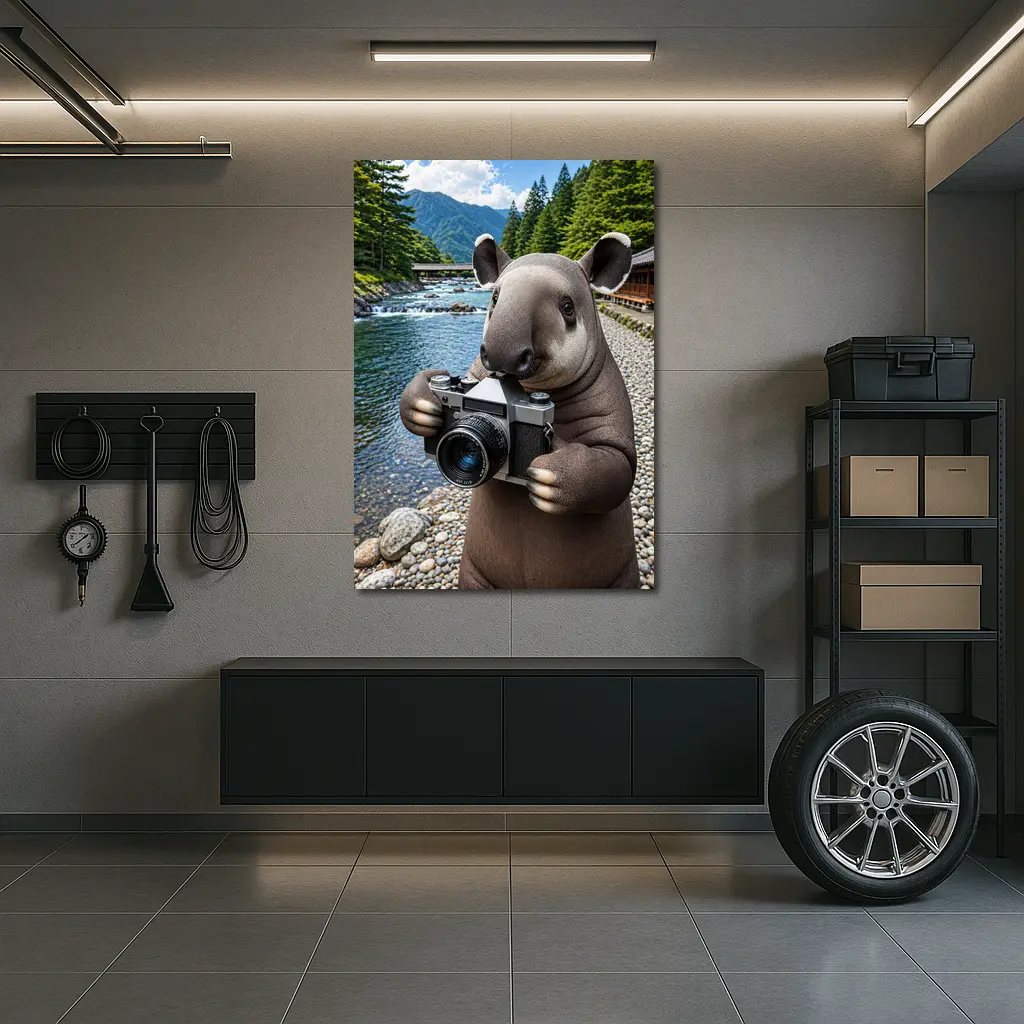 Tapir Photographer by Japanese Mountain River – Wall Art