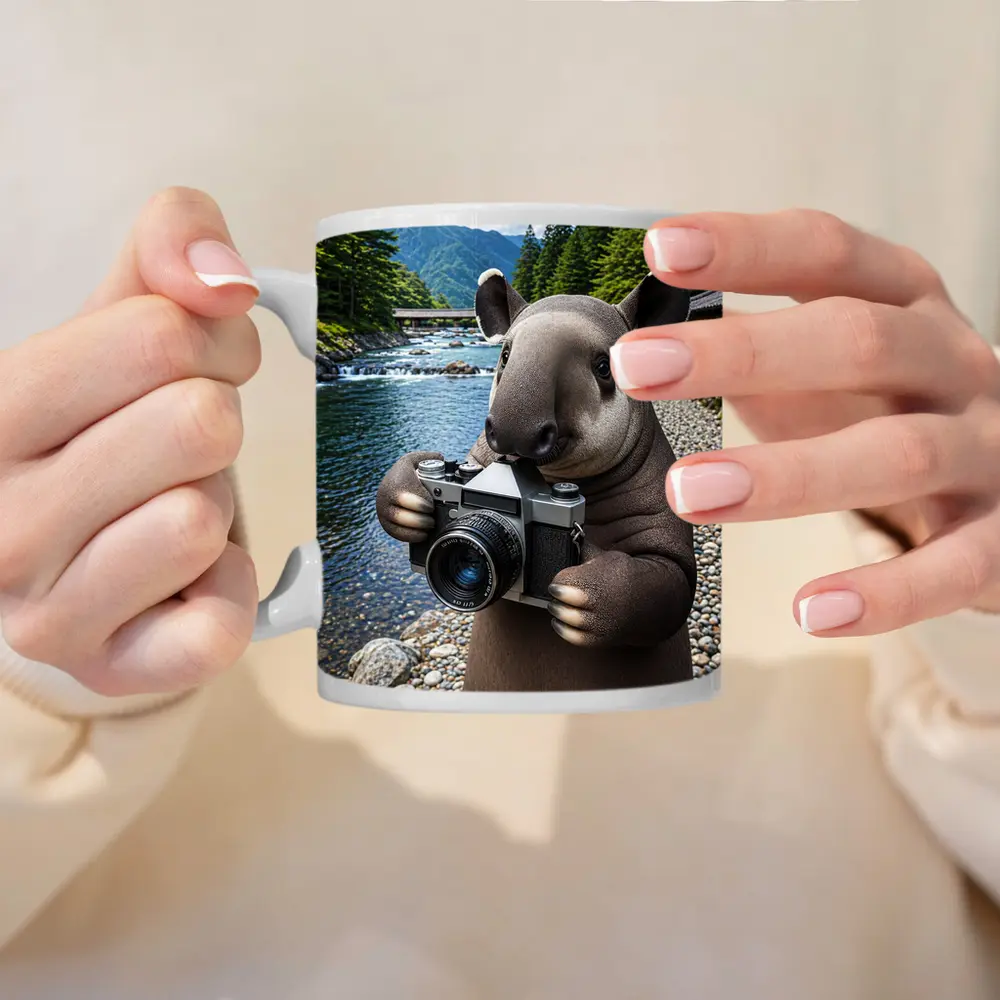 Tapir Photographer by Japanese Mountain River – Mugs