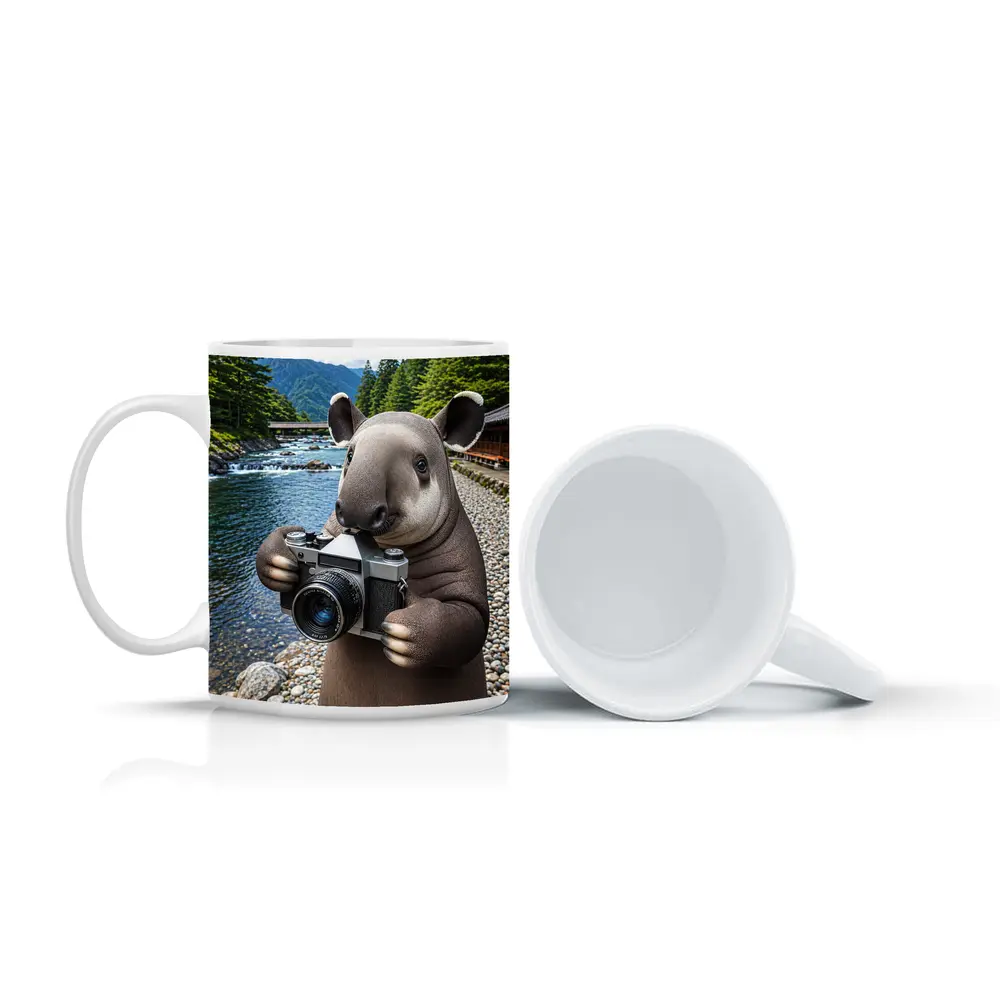 Tapir Photographer by Japanese Mountain River – Mugs