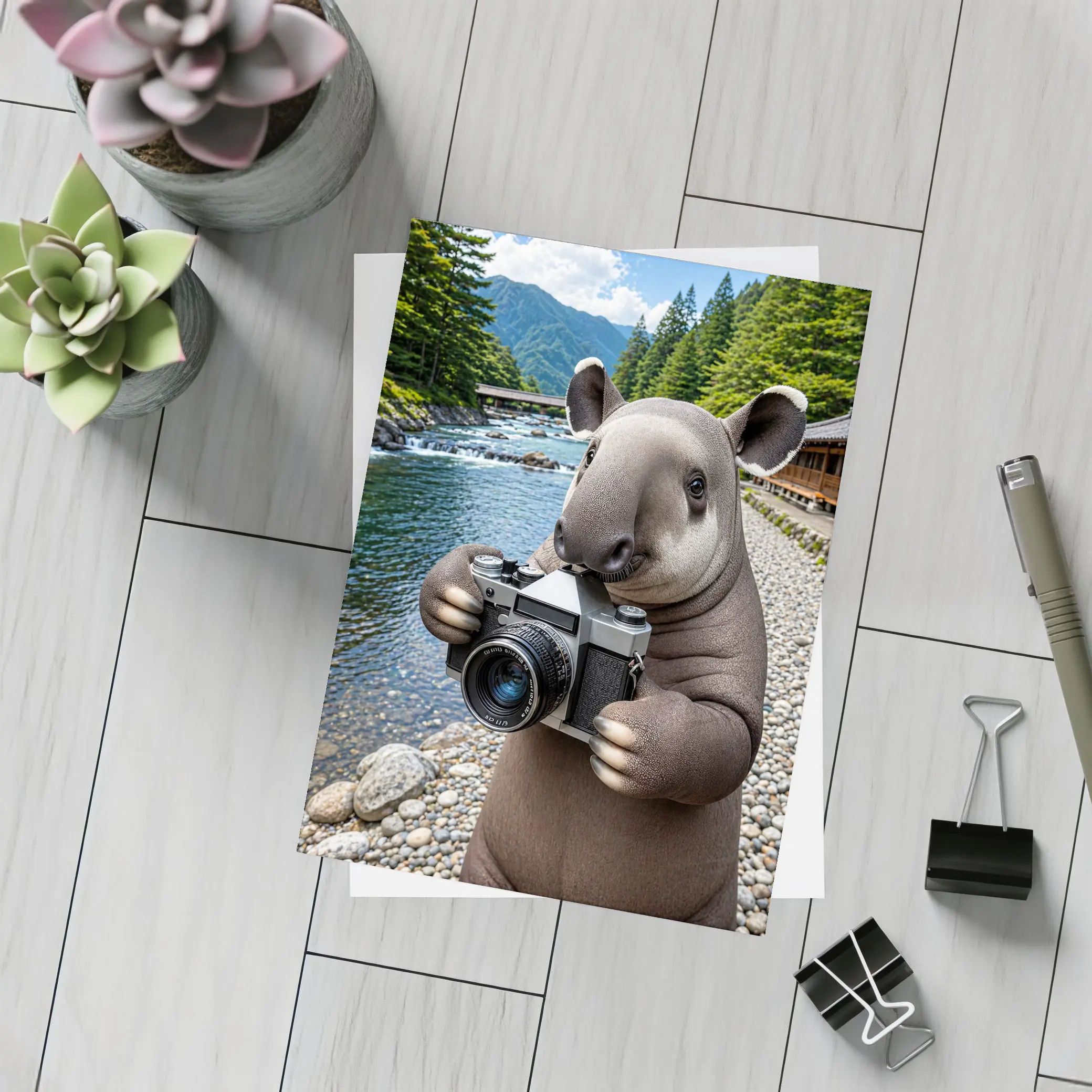 Tapir Photographer by Japanese Mountain River – Postcards