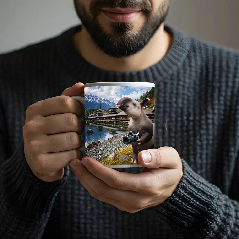 Tapir Tourist Holding Camera Japanese Temple – Mugs