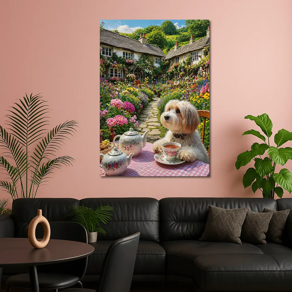 Fluffy Dog Afternoon Tea Cottage Garden – Wall Art