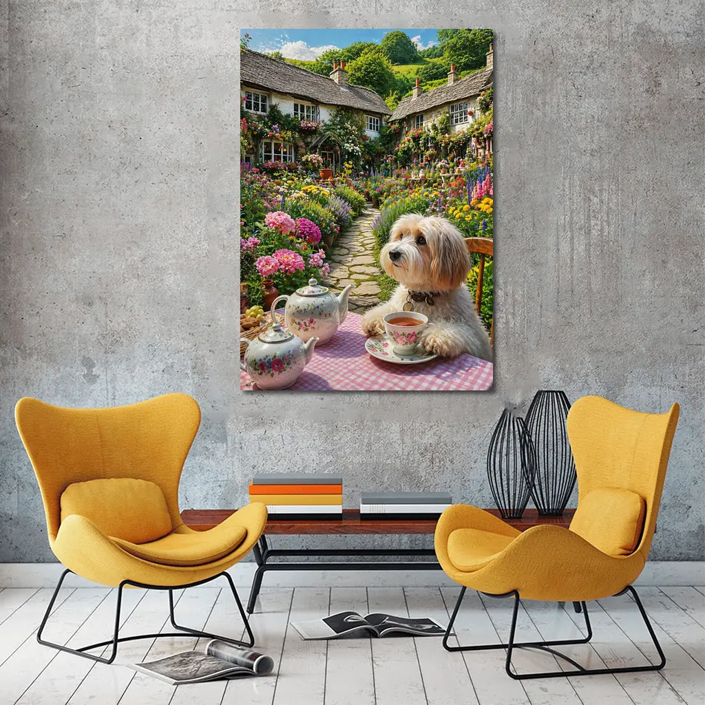 Fluffy Dog Afternoon Tea Cottage Garden – Wall Art