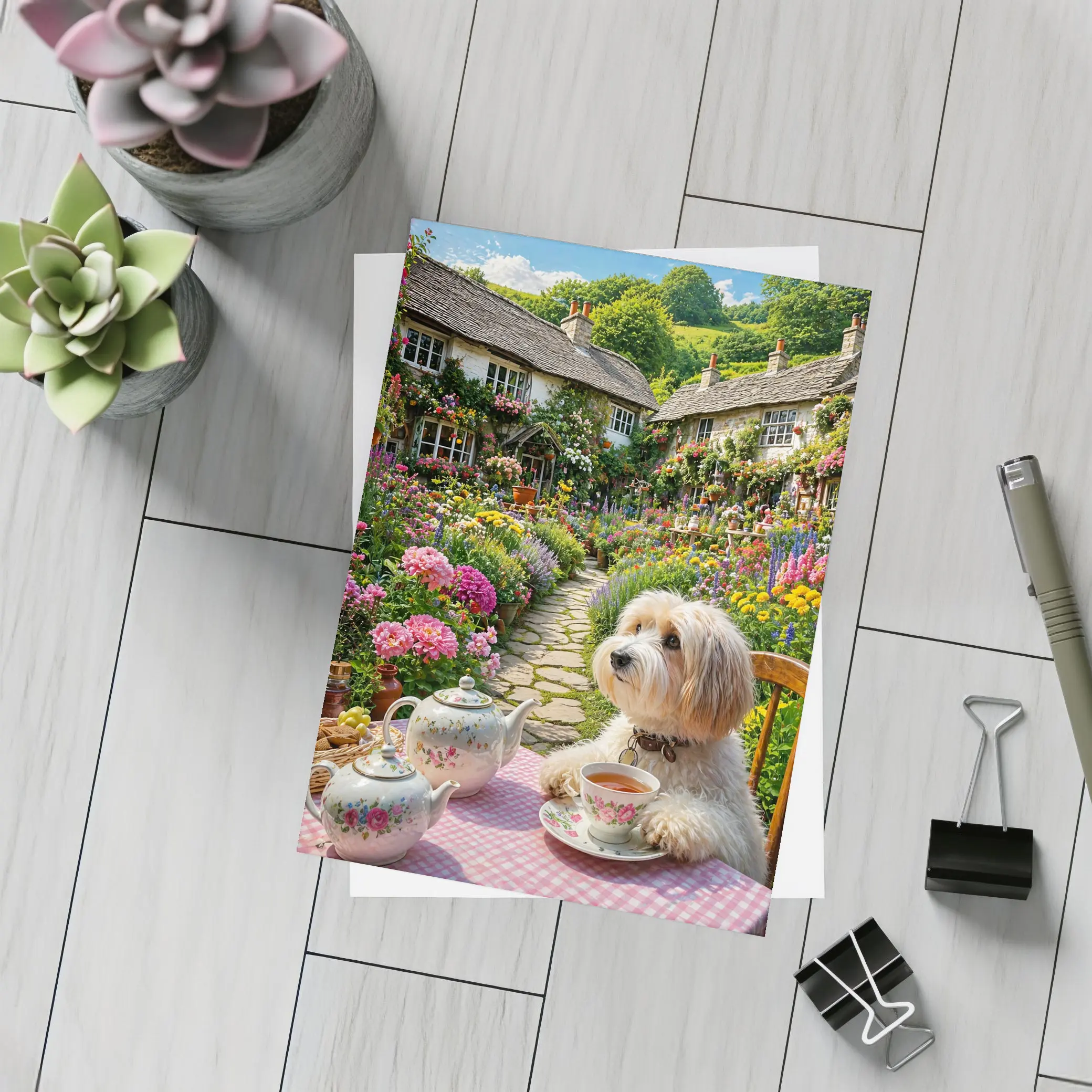 Fluffy Dog Afternoon Tea Cottage Garden – Postcards