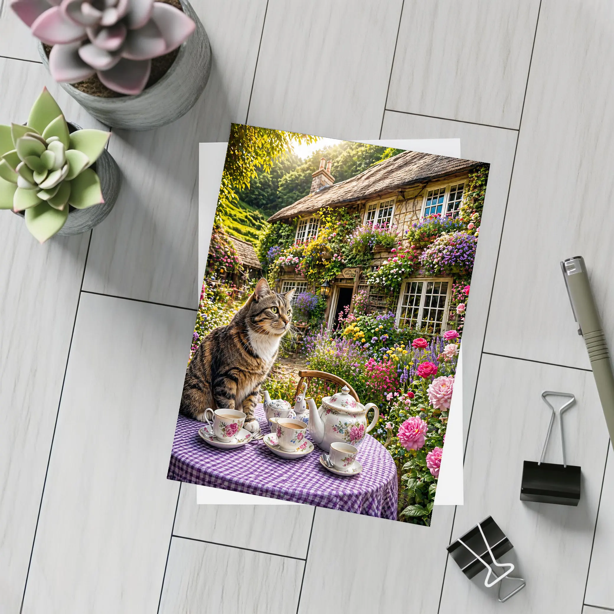 Tabby Cat English Cottage Garden Tea Party – Postcards