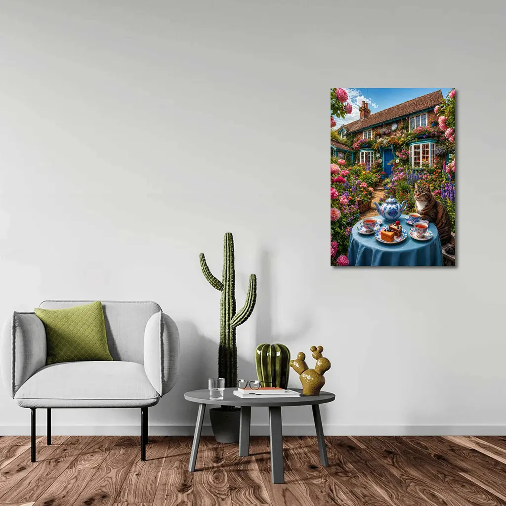 Tabby Cat Garden Cottage Afternoon Tea – Wall Art