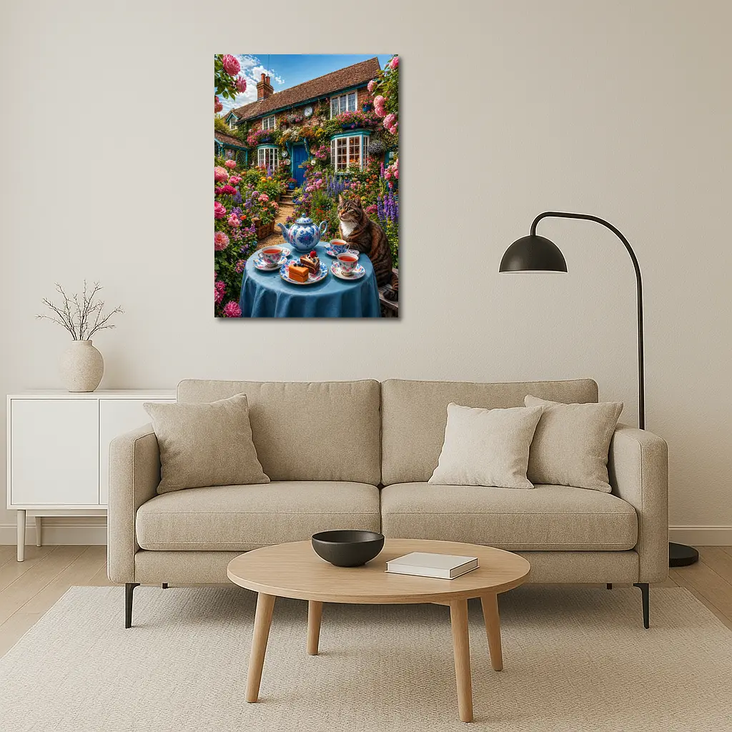 Tabby Cat Garden Cottage Afternoon Tea – Wall Art
