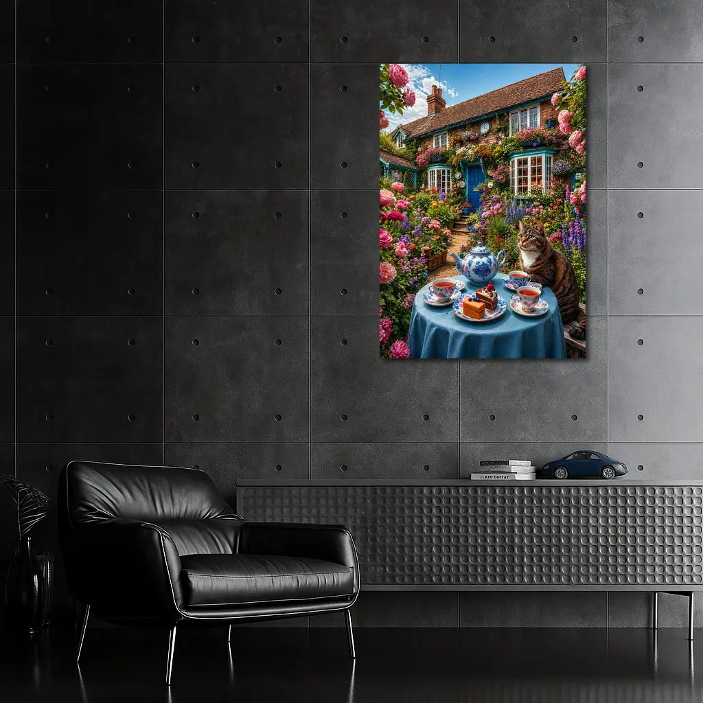 Tabby Cat Garden Cottage Afternoon Tea – Wall Art