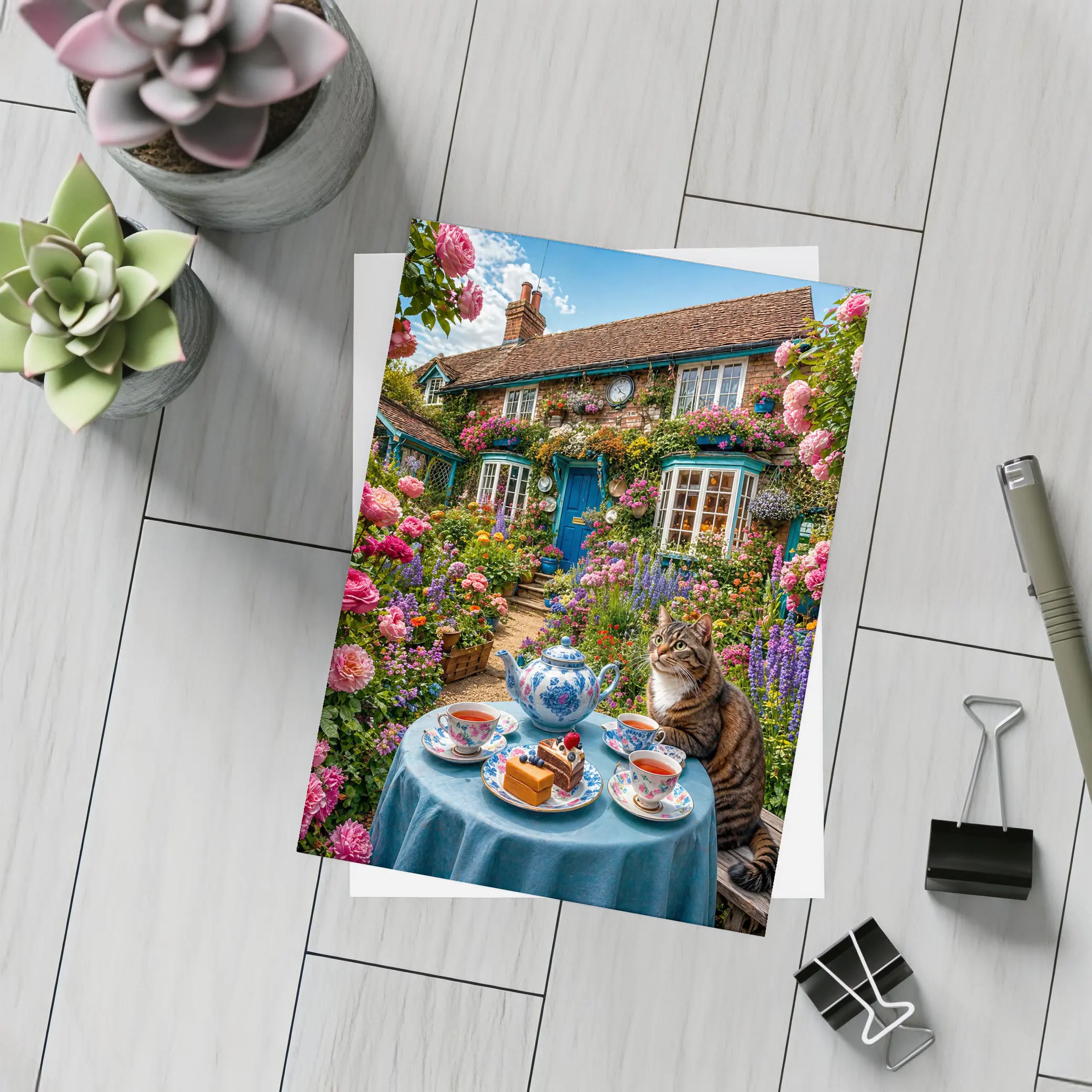 Tabby Cat Garden Cottage Afternoon Tea – Postcards