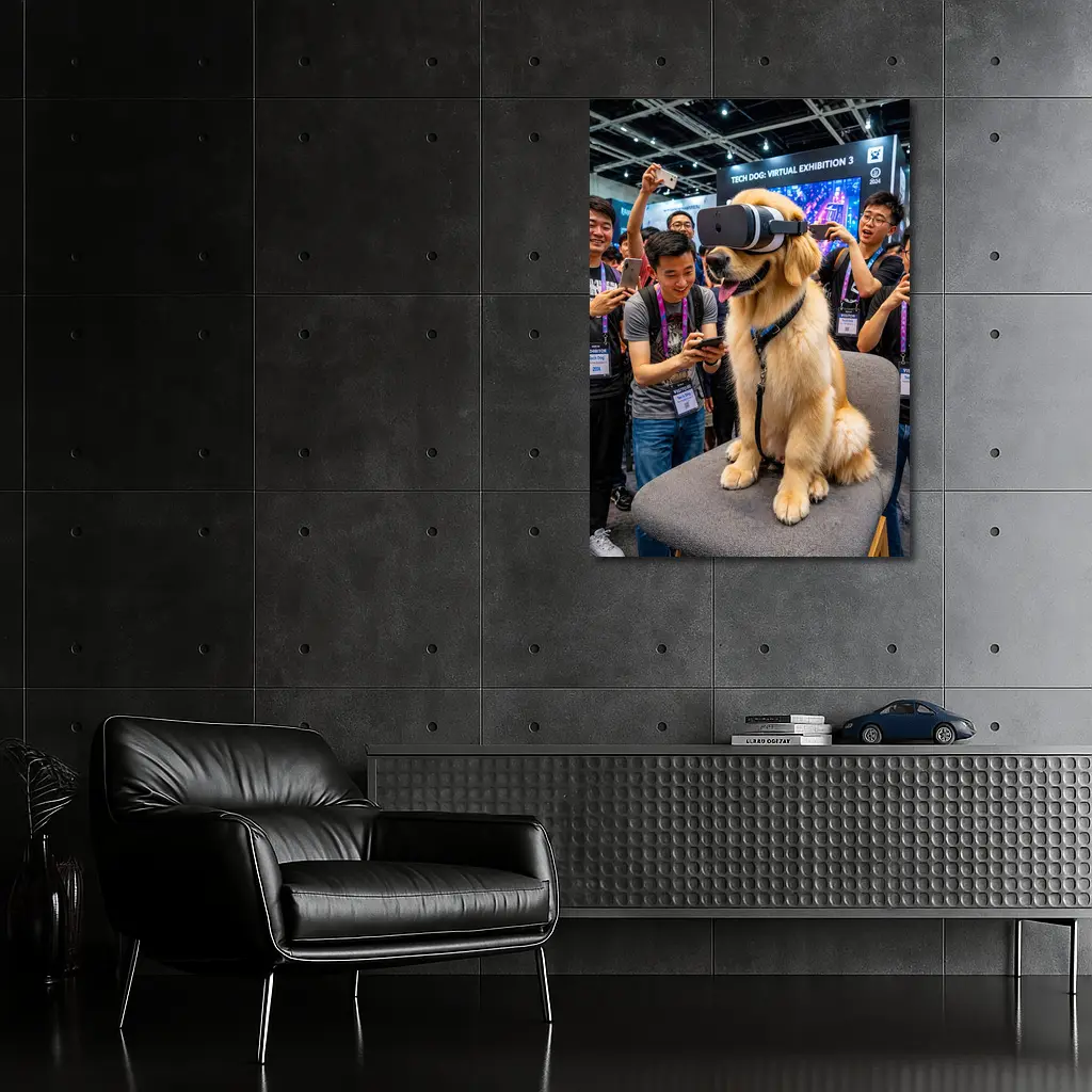 Golden Retriever Wearing VR Headset Tech Exhibition – Wall Art