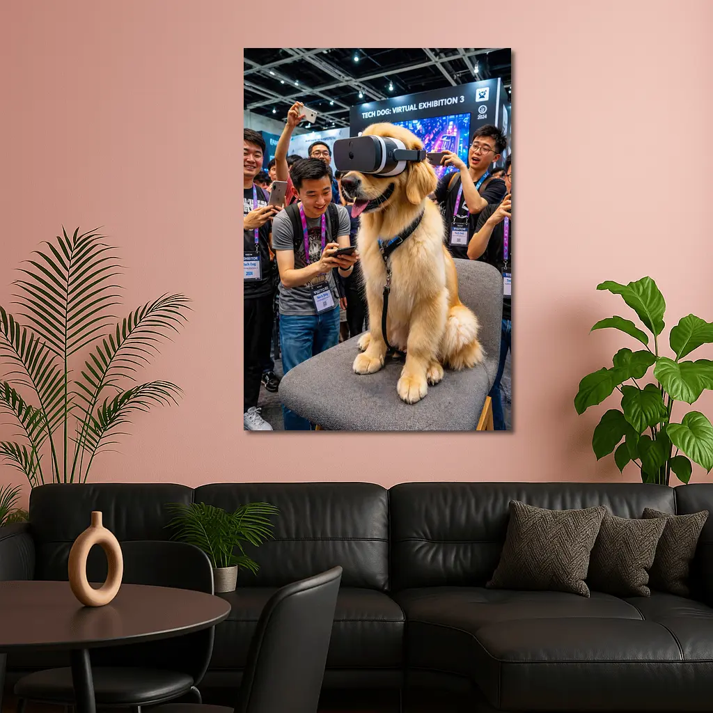 Golden Retriever Wearing VR Headset Tech Exhibition – Wall Art