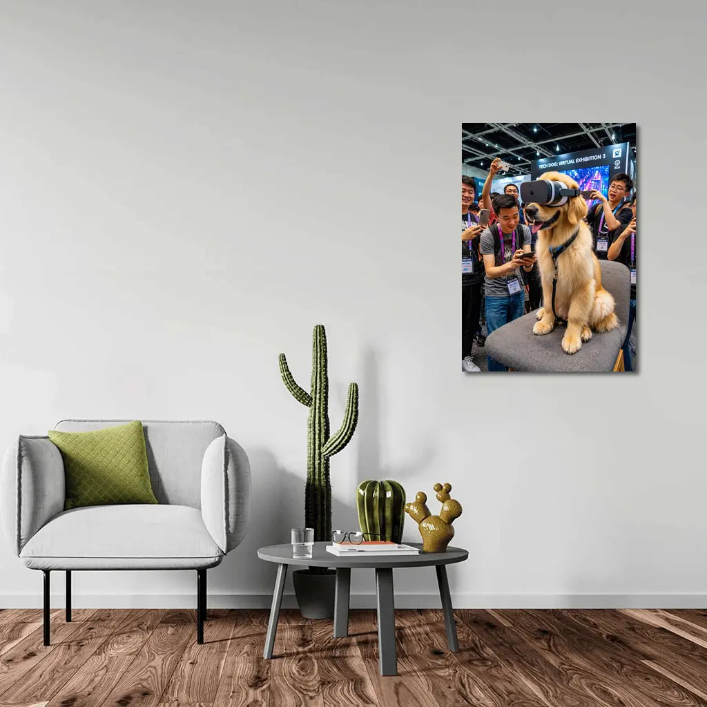 Golden Retriever Wearing VR Headset Tech Exhibition – Wall Art