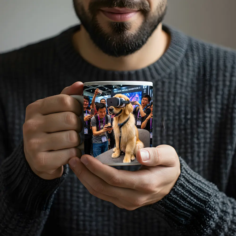 Golden Retriever Wearing VR Headset Tech Exhibition – Mugs