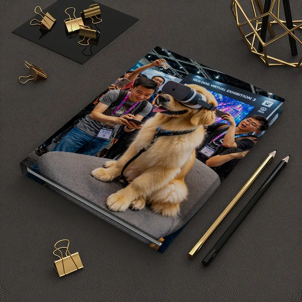 Golden Retriever Wearing VR Headset Tech Exhibition – Notebooks