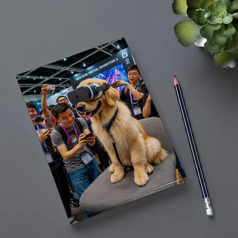 Golden Retriever Wearing VR Headset Tech Exhibition – Notebooks