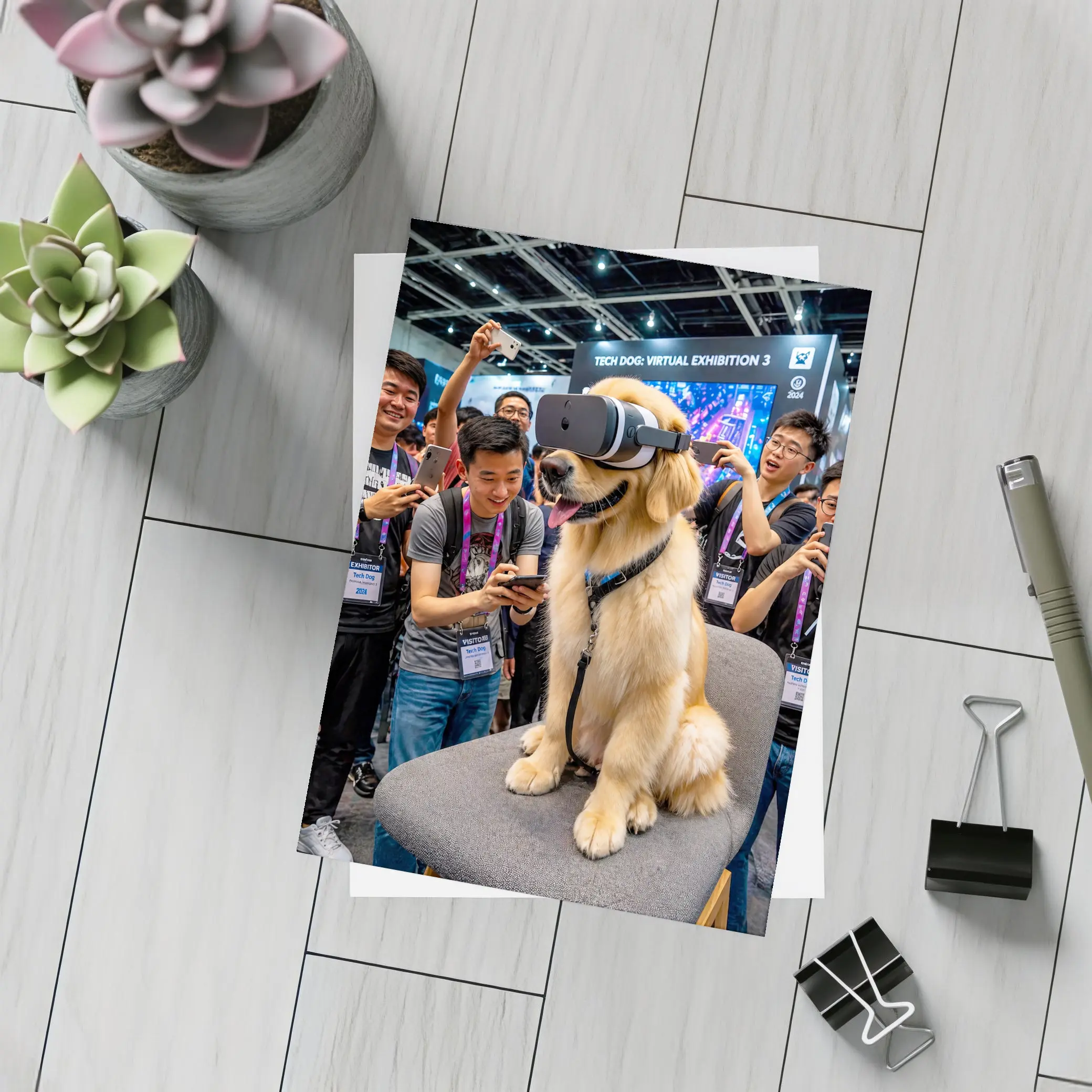 Golden Retriever Wearing VR Headset Tech Exhibition – Postcards