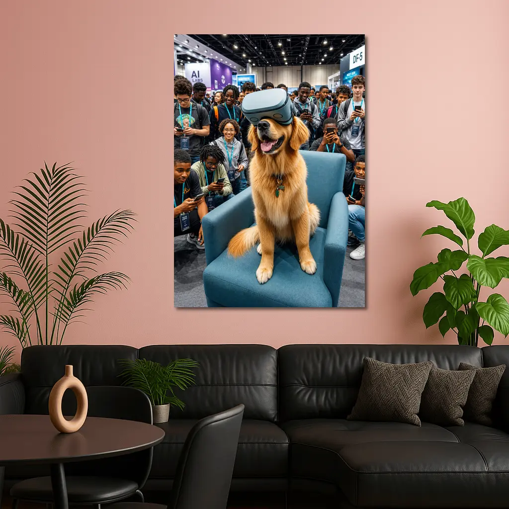 Golden Retriever Wearing VR Headset Tech Expo – Wall Art