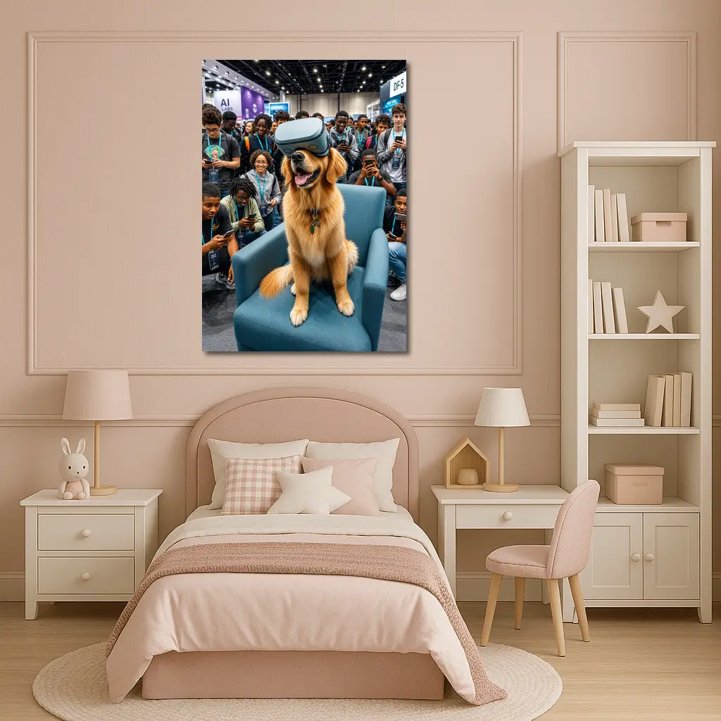 Golden Retriever Wearing VR Headset Tech Expo – Wall Art