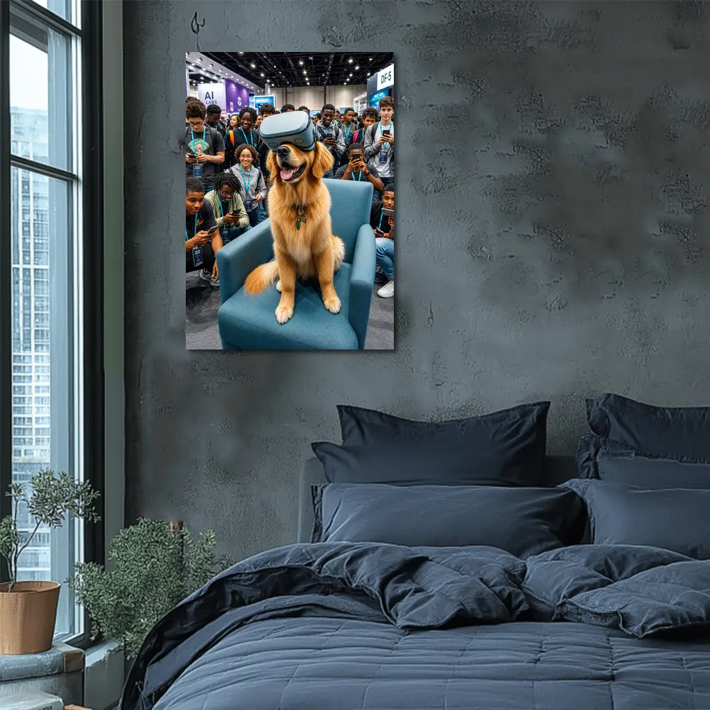 Golden Retriever Wearing VR Headset Tech Expo – Wall Art