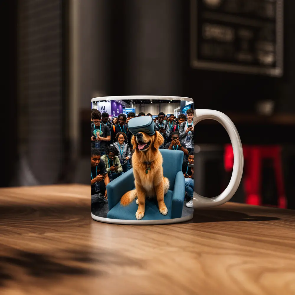 Golden Retriever Wearing VR Headset Tech Expo – Mugs