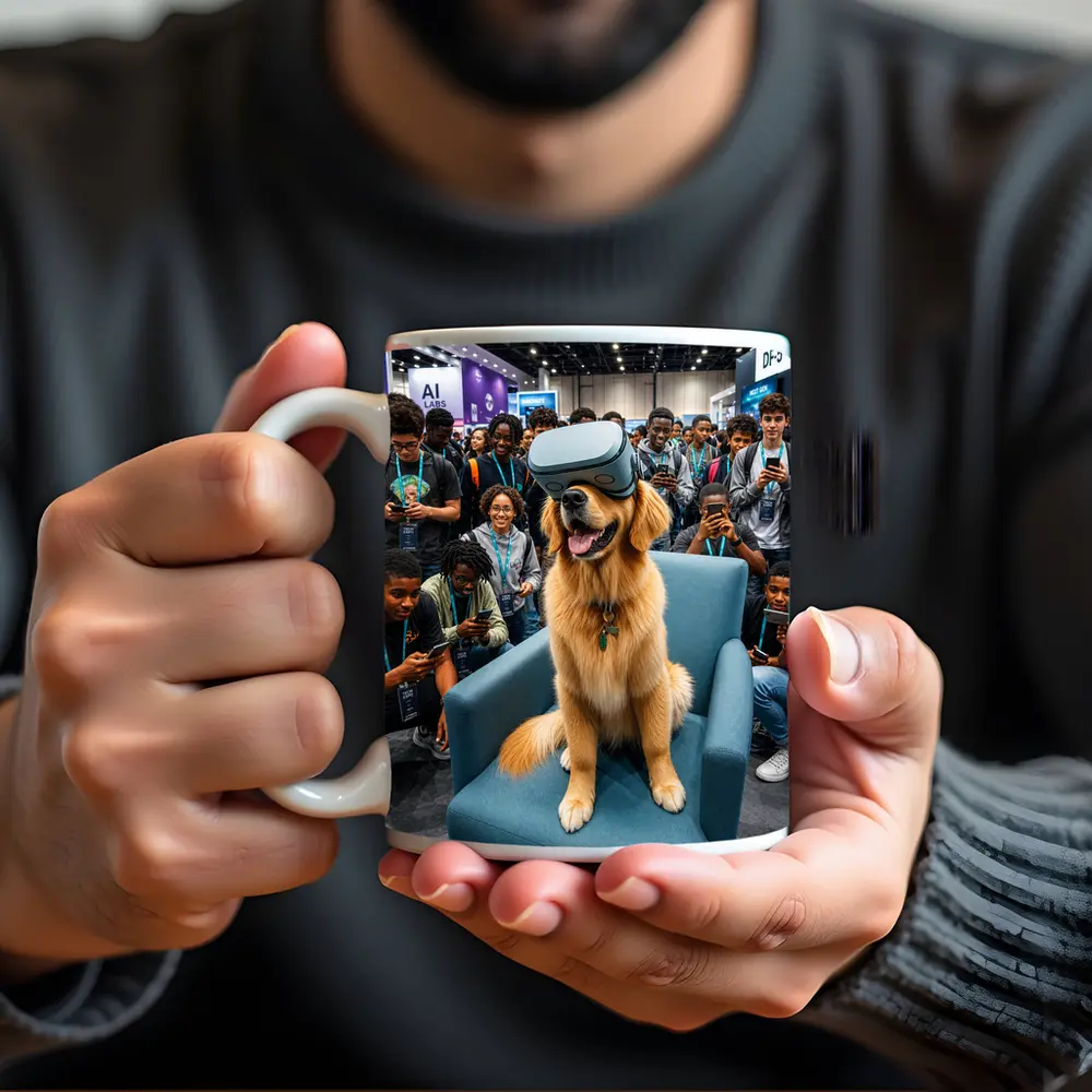 Golden Retriever Wearing VR Headset Tech Expo – Mugs